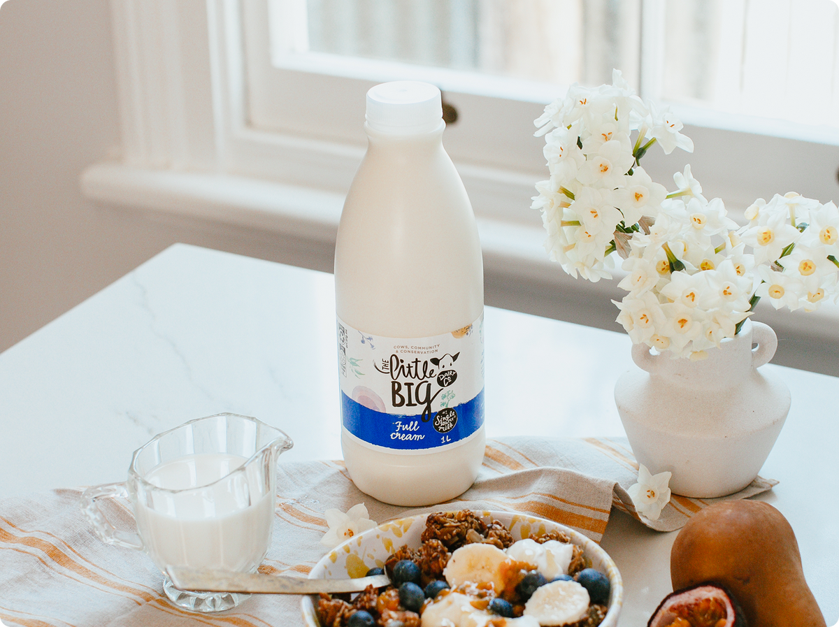 Little Big Dairy Full Cream Milk in a 2L bottle on a table
